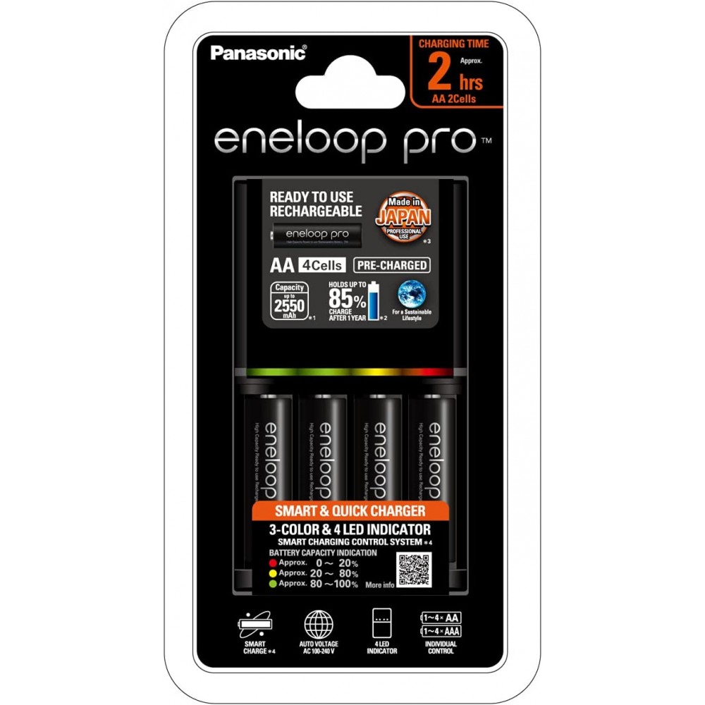 Panasonic Eneloop Pro Rechargeable AA Ni-MH Batteries with Charger  (2550mAh, 4-Pack)